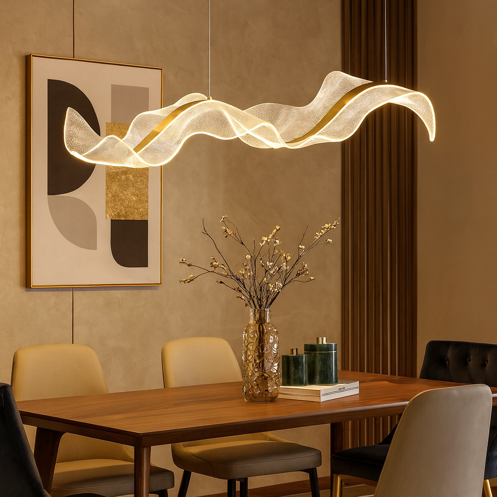 Suspension LED Vague Dorée – Design Ondulé
