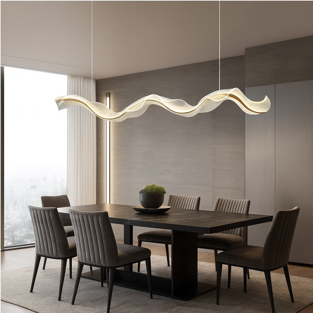 Suspension LED Vague Dorée – Design Ondulé